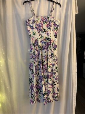 Maggy London White Midi Dress with Purple & Green Floral Print
